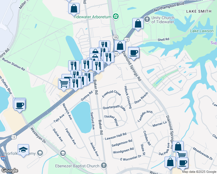 map of restaurants, bars, coffee shops, grocery stores, and more near 5621 Anthony Road in Virginia Beach