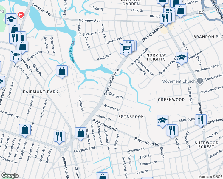 map of restaurants, bars, coffee shops, grocery stores, and more near 3611 Radford Street in Norfolk