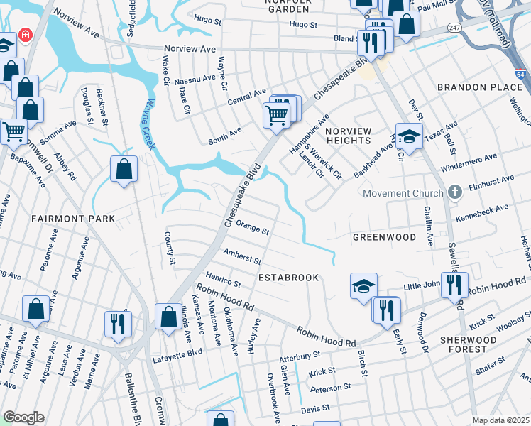 map of restaurants, bars, coffee shops, grocery stores, and more near 3642 Radford Street in Norfolk