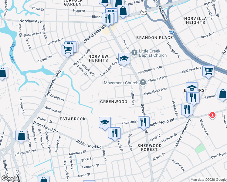 map of restaurants, bars, coffee shops, grocery stores, and more near 3219 Locust Avenue in Norfolk