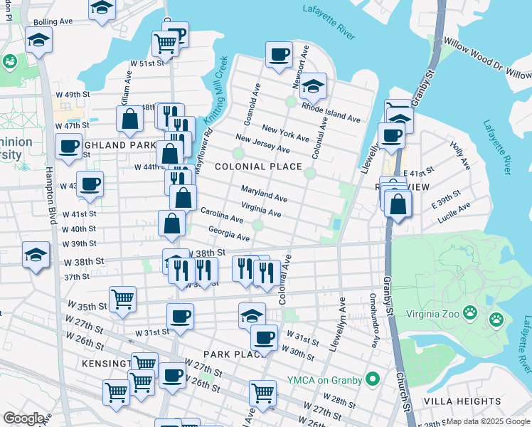 map of restaurants, bars, coffee shops, grocery stores, and more near 4108 Newport Avenue in Norfolk