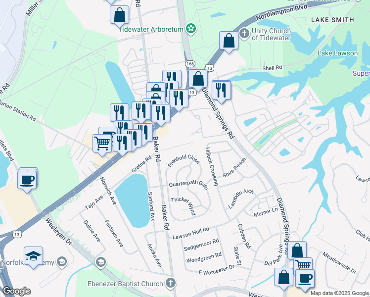 map of restaurants, bars, coffee shops, grocery stores, and more near 5613 Anthony Road in Virginia Beach