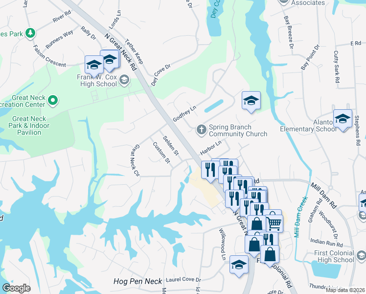 map of restaurants, bars, coffee shops, grocery stores, and more near 1513 North Great Neck Road in Virginia Beach