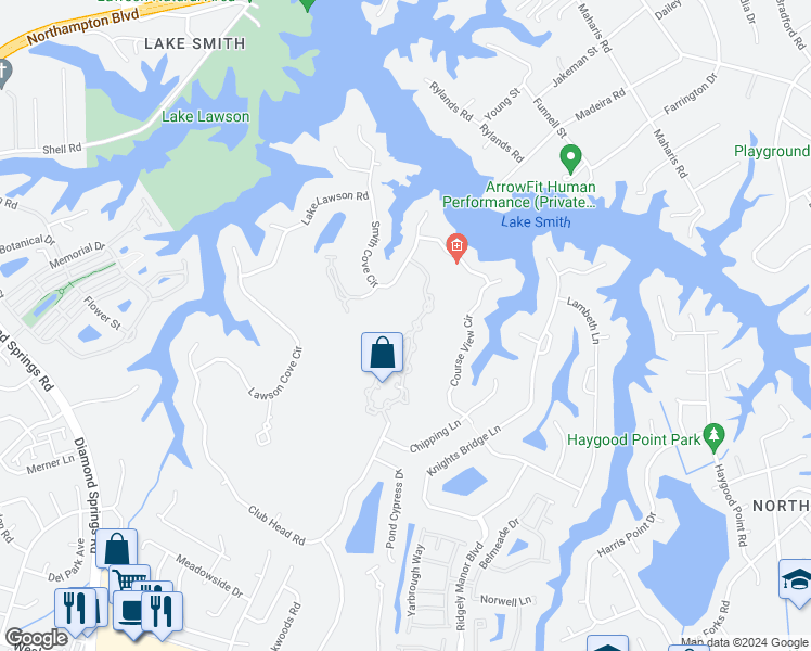 map of restaurants, bars, coffee shops, grocery stores, and more near 1180 Cypress Point Circle in Virginia Beach