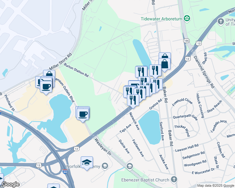 map of restaurants, bars, coffee shops, grocery stores, and more near 5819 Burton Station Road in Virginia Beach