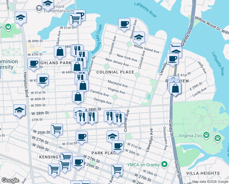 map of restaurants, bars, coffee shops, grocery stores, and more near 4107 Newport Avenue in Norfolk