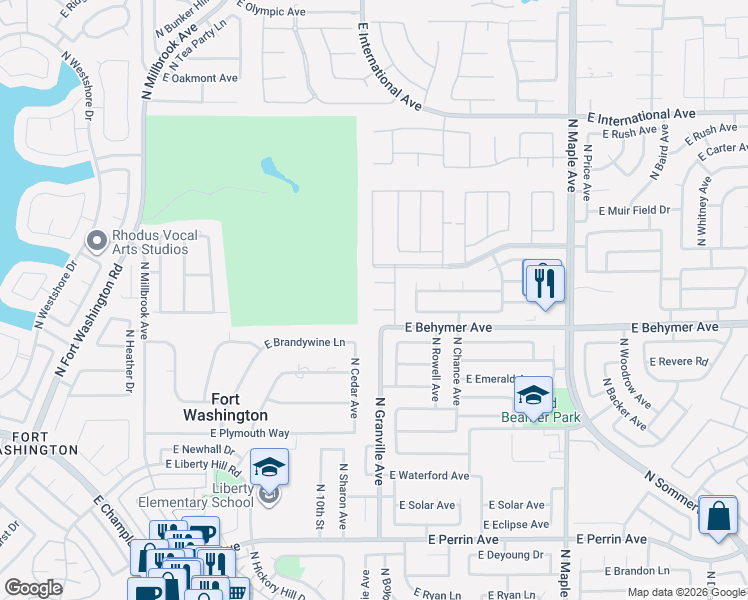 map of restaurants, bars, coffee shops, grocery stores, and more near 1562 East La Quinta Drive in Fresno