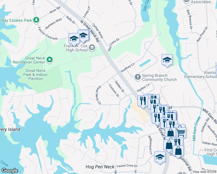 map of restaurants, bars, coffee shops, grocery stores, and more near 1537 Custom Street in Virginia Beach