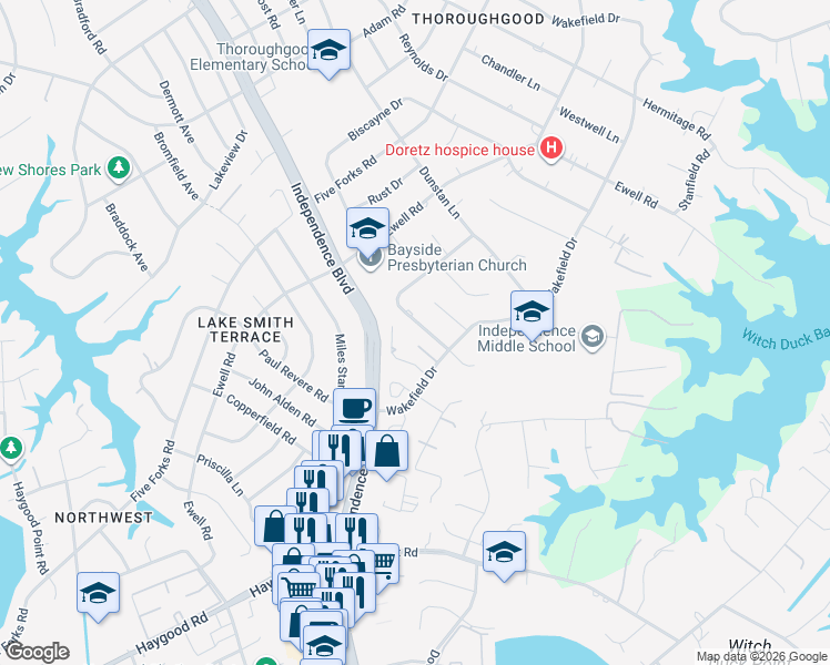 map of restaurants, bars, coffee shops, grocery stores, and more near 1356 Sir Richard Road in Virginia Beach