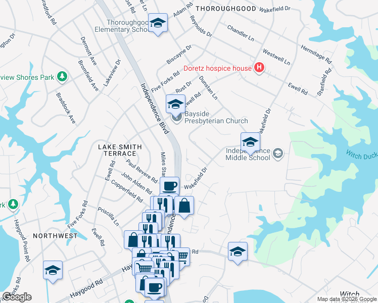 map of restaurants, bars, coffee shops, grocery stores, and more near 4551 Good Adams Lane in Virginia Beach