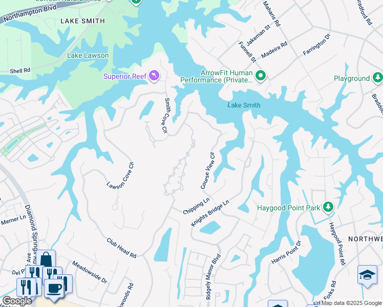 map of restaurants, bars, coffee shops, grocery stores, and more near 1237 Course View Circle in Virginia Beach