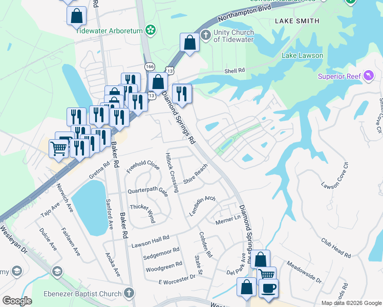 map of restaurants, bars, coffee shops, grocery stores, and more near 1122 Hillock Crossing in Virginia Beach
