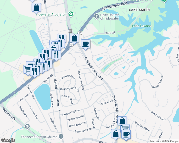 map of restaurants, bars, coffee shops, grocery stores, and more near 1122 Hillock Crossing in Virginia Beach
