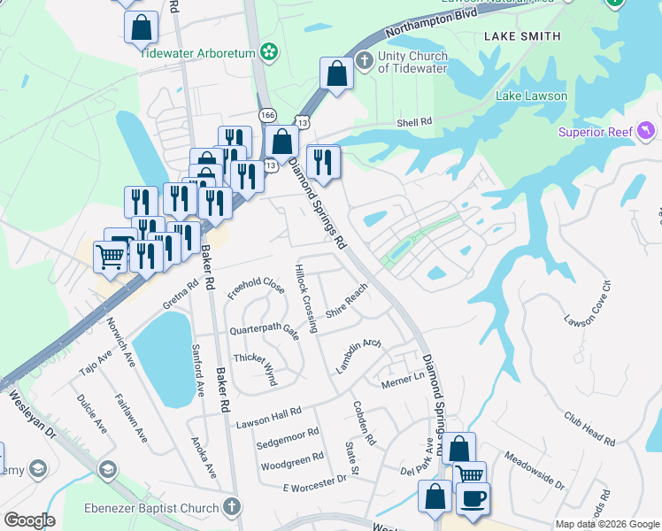 map of restaurants, bars, coffee shops, grocery stores, and more near 5522 Finespun Last in Virginia Beach