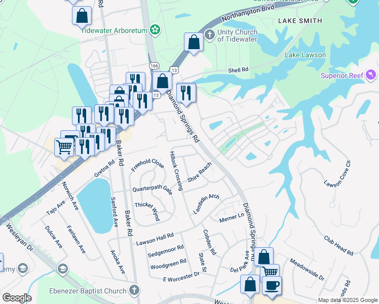 map of restaurants, bars, coffee shops, grocery stores, and more near 5522 Finespun Last in Virginia Beach