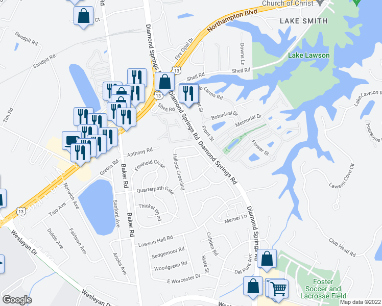 map of restaurants, bars, coffee shops, grocery stores, and more near 5522 Finespun Last in Virginia Beach