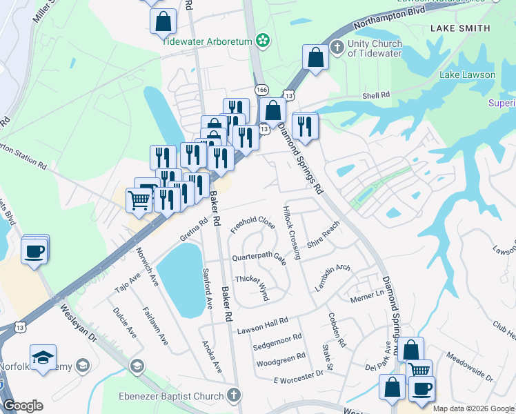 map of restaurants, bars, coffee shops, grocery stores, and more near 5613 Anthony Road in Virginia Beach