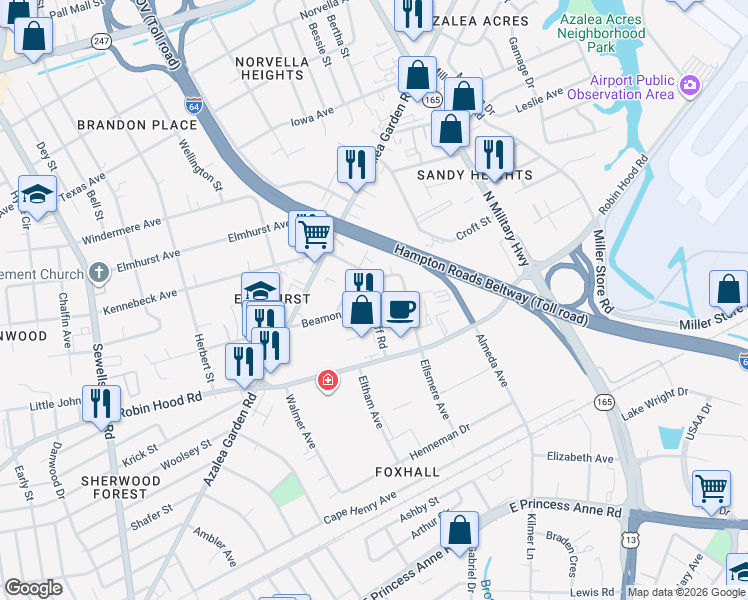 map of restaurants, bars, coffee shops, grocery stores, and more near 5324 Beamon Road in Norfolk