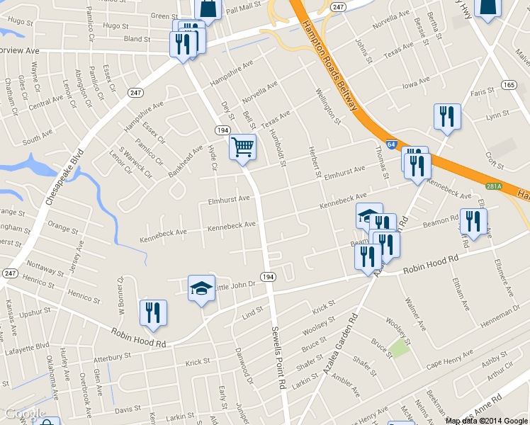 map of restaurants, bars, coffee shops, grocery stores, and more near 4816 Kennebeck Avenue in Norfolk