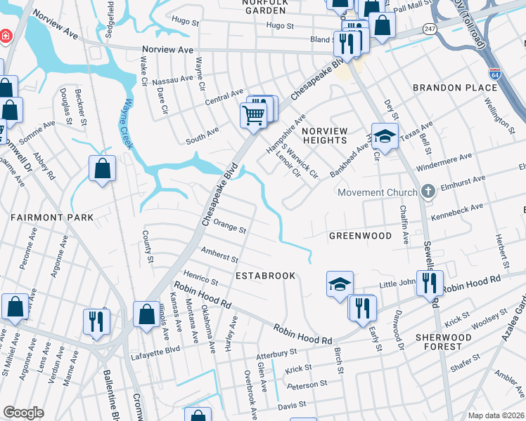 map of restaurants, bars, coffee shops, grocery stores, and more near 3554 Jersey Avenue in Norfolk