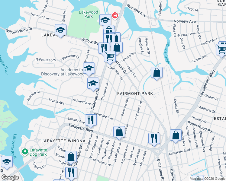 map of restaurants, bars, coffee shops, grocery stores, and more near 3417 Vimy Ridge Avenue in Norfolk