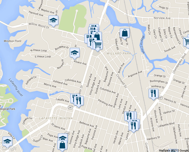 map of restaurants, bars, coffee shops, grocery stores, and more near 3417 Vimy Ridge Avenue in Norfolk