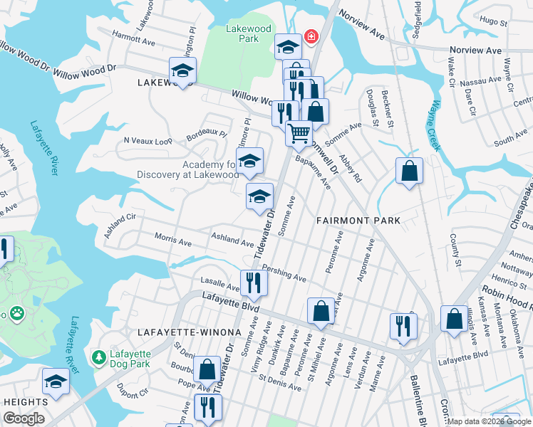 map of restaurants, bars, coffee shops, grocery stores, and more near 3410 Tidewater Drive in Norfolk