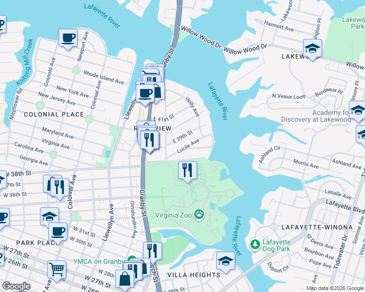 map of restaurants, bars, coffee shops, grocery stores, and more near in Norfolk