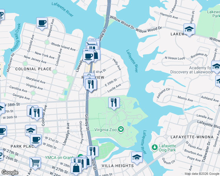 map of restaurants, bars, coffee shops, grocery stores, and more near in Norfolk