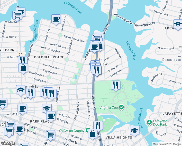 map of restaurants, bars, coffee shops, grocery stores, and more near 3920 Omohundro Avenue in Norfolk