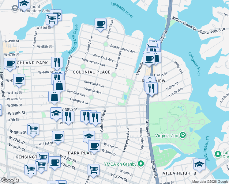 map of restaurants, bars, coffee shops, grocery stores, and more near 444 Virginia Avenue in Norfolk