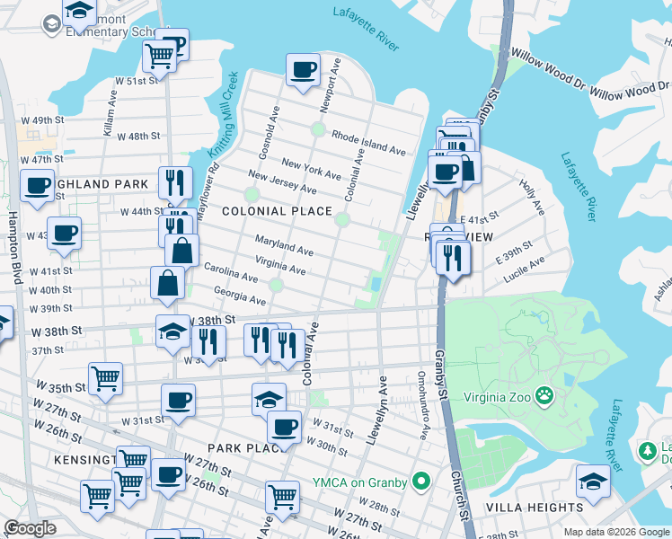 map of restaurants, bars, coffee shops, grocery stores, and more near 444 Virginia Avenue in Norfolk