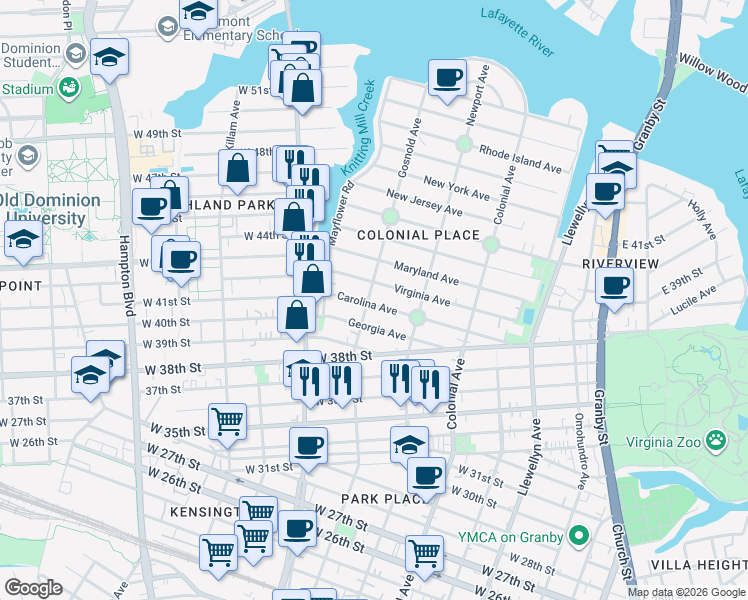map of restaurants, bars, coffee shops, grocery stores, and more near 626 Carolina Avenue in Norfolk