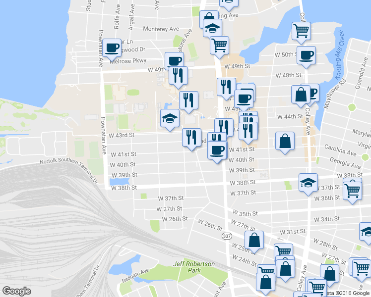 map of restaurants, bars, coffee shops, grocery stores, and more near 4103 Bowdens Ferry Road in Norfolk
