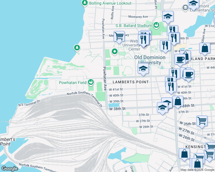 map of restaurants, bars, coffee shops, grocery stores, and more near 4124 Powhatan Avenue in Norfolk