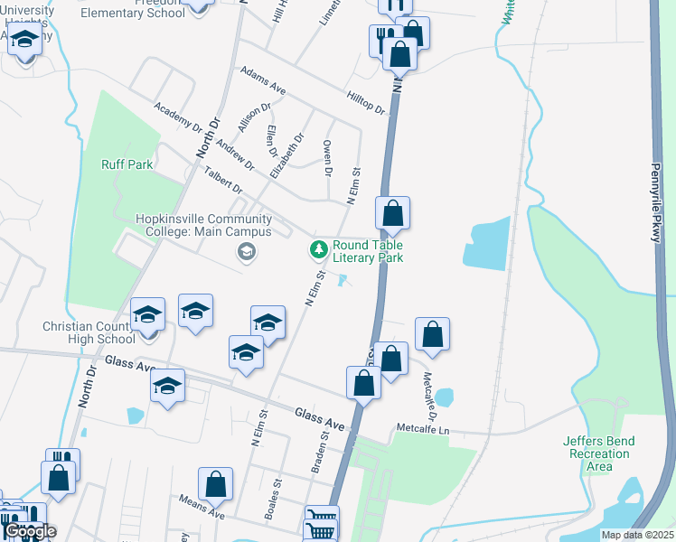 map of restaurants, bars, coffee shops, grocery stores, and more near 850 North Elm Street in Hopkinsville