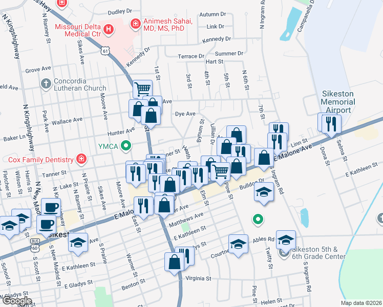 map of restaurants, bars, coffee shops, grocery stores, and more near 306 Heath Street in Sikeston