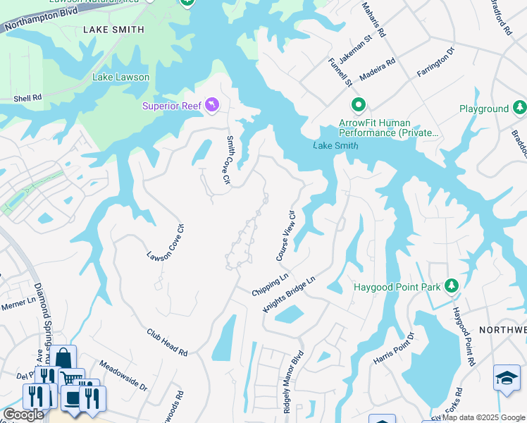 map of restaurants, bars, coffee shops, grocery stores, and more near 5140 Cypress Point Circle in Virginia Beach