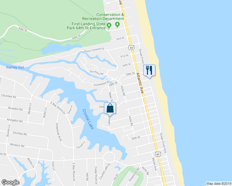 map of restaurants, bars, coffee shops, grocery stores, and more near 408 Masury Court in Virginia Beach
