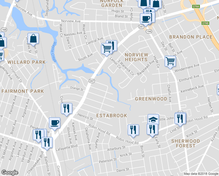 map of restaurants, bars, coffee shops, grocery stores, and more near 3554 Jersey Avenue in Norfolk