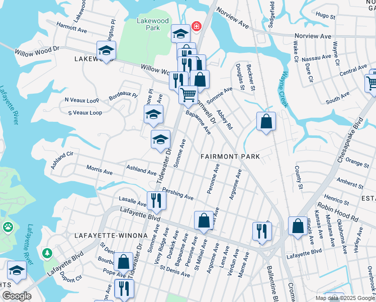 map of restaurants, bars, coffee shops, grocery stores, and more near 3417 Vimy Ridge Avenue in Norfolk