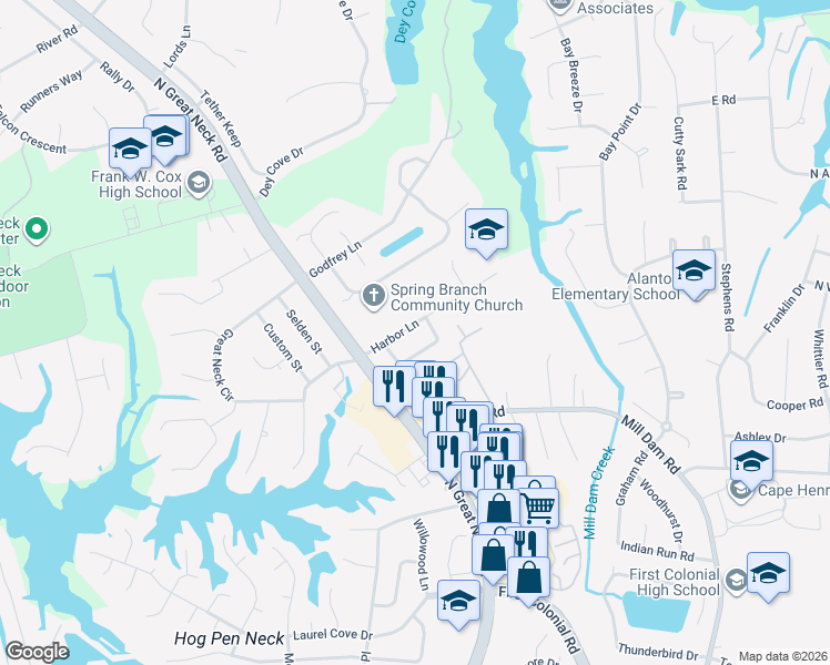 map of restaurants, bars, coffee shops, grocery stores, and more near 2209 Harbor Lane in Virginia Beach