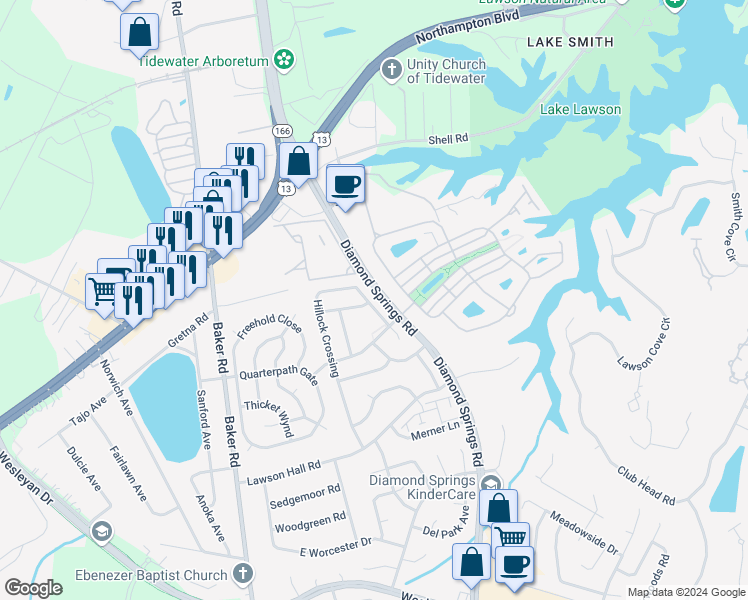 map of restaurants, bars, coffee shops, grocery stores, and more near 1128 Hillock Crossing in Virginia Beach
