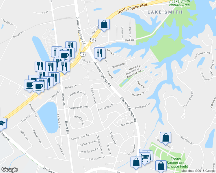 map of restaurants, bars, coffee shops, grocery stores, and more near 1128 Hillock Crossing in Virginia Beach