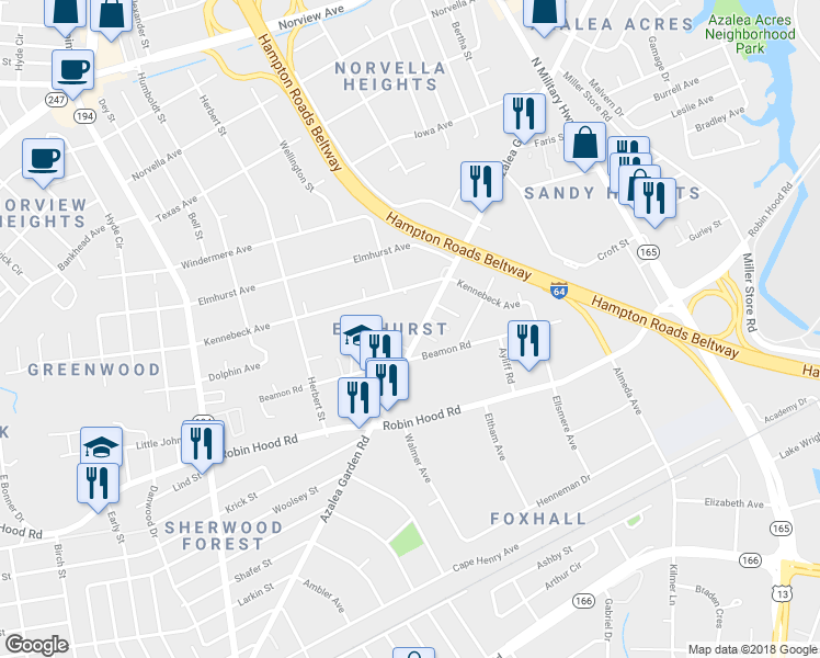 map of restaurants, bars, coffee shops, grocery stores, and more near 3131 Azalea Garden Road in Norfolk