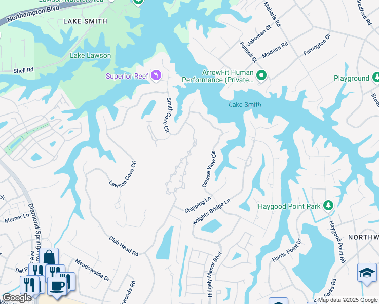 map of restaurants, bars, coffee shops, grocery stores, and more near 4980 Cypress Point Circle in Virginia Beach