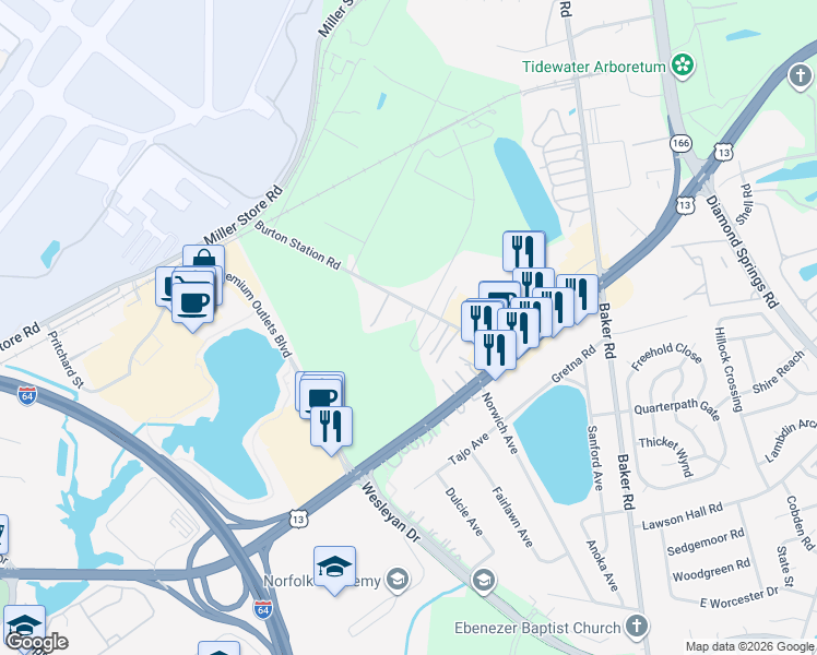 map of restaurants, bars, coffee shops, grocery stores, and more near 1020 Finney Circle in Virginia Beach
