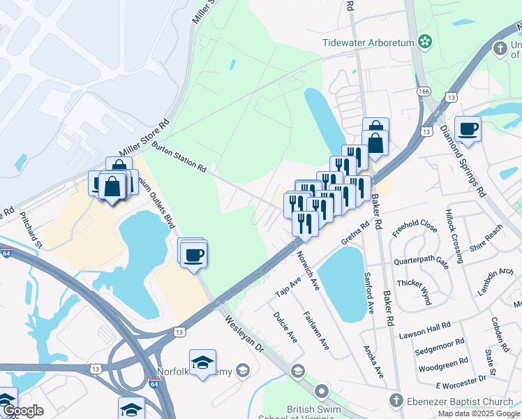 map of restaurants, bars, coffee shops, grocery stores, and more near 5827 Burton Station Road in Virginia Beach