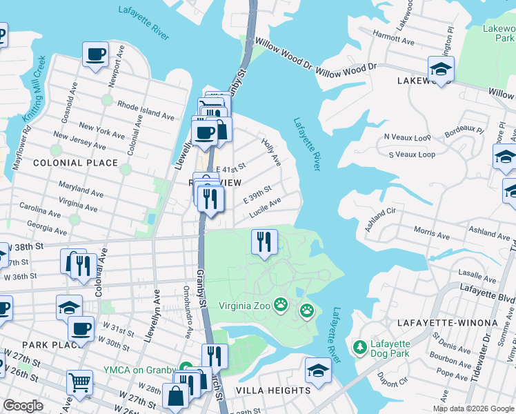 map of restaurants, bars, coffee shops, grocery stores, and more near in Norfolk