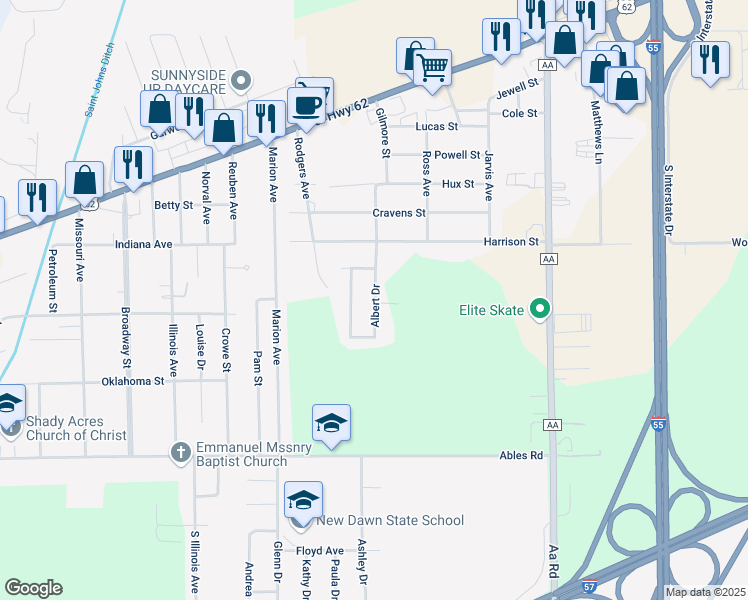 map of restaurants, bars, coffee shops, grocery stores, and more near 115 Albert Drive in Miner